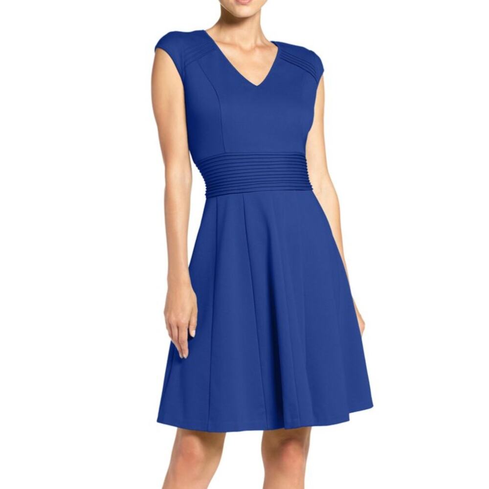 Eliza J Dress Royal Blue Pintucked Waist Fit & Flare WMNS 10 V-Neck Cocktail